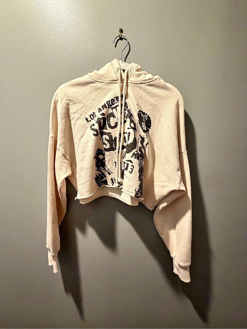 Hollister Cropped Graphic Hoodie in Beige Size Small
